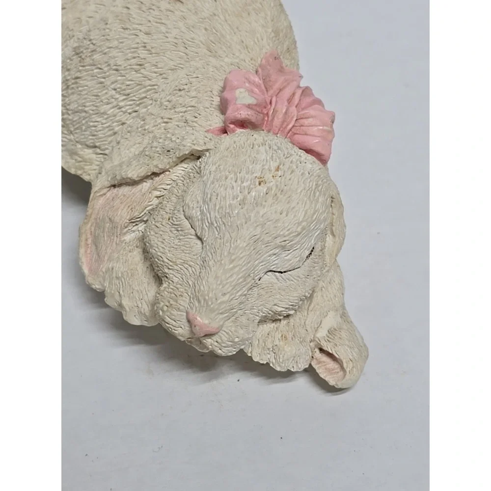 Sleeping White Bunny Rabbit with Pink Bow Resin Shelf Sitter Spring Nursery Room